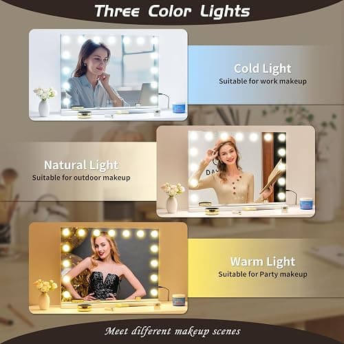 NUSVAN Vanity Mirror with Lights Lighted Makeup Mirror with 15 Dimmable LED Bulbs,3 Color Lighting Modes,USB Charging Port Touch Control,Sturdy Metal Frame Design 24x18 Inch,White thumbnail 2