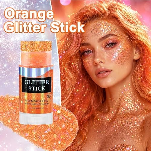 Orange Glitter Stick,Holographic Body & Face Glitter,Hair Glitter for Kids | Hair Accessories for Women,Rave Outfits for Women,Sparkling Hair Glitter for Halloween Party Carnivals. thumbnail 2