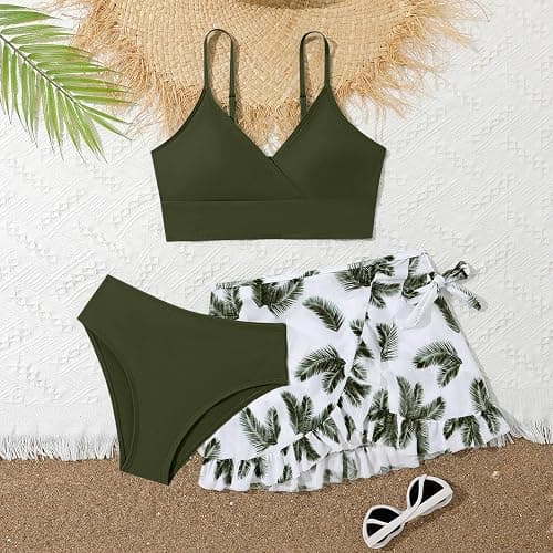 Bikini Teenager Mädchen 3-teilig Bikini-Set Verstellbare Bikinioberteile Triangel Bikinihose und Rock mit Blumenmuster Sommer Hawaii Strand Teenager Bademode Badebekleidung Mädchen thumbnail 2