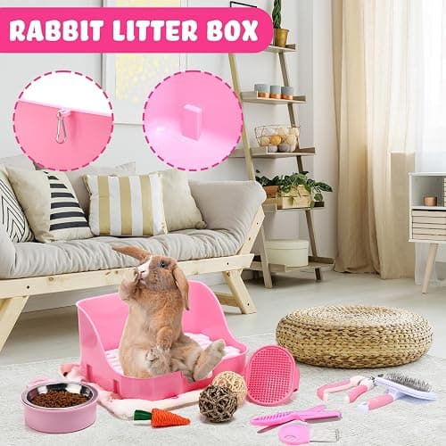 Reallnaive 15 Pcs Rabbit Starter Kit Small Rabbit Litter Box Girls Gift Animal Grooming Kit Bunny Toys Bowl Blankets with Cleaning Set for Guinea Pig Accessories(Pink) thumbnail 5