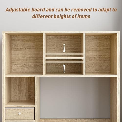 REIBII Desktop Bookshelf, High-Capacity Desk Hutch Organizer with 7 Shelves and 2 Drawers, Adjustable Bookshelf Storage, Desk Shelf for Top of Desk, Desk Hutch Dorm, Natural thumbnail 6