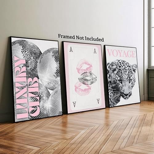 3Pcs Pink Lip Prints Poker Canvas Wall Art，Trendy Disco Ball Poster Print, Black And White Cheetah Wall Decor For Girly Room Apartment Dorm 8X12 in Unframed-Canvas Rolled Up thumbnail 4