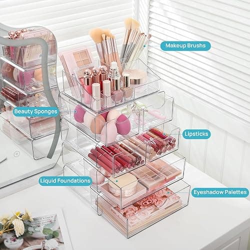 Vtopmart 5 Tier Clear Makeup Organizer with Drawer, Cosmetic Storage for Dresser Countertop and Bathroom Vanity, Beauty Holder for Lipstick Brush Skincare thumbnail 4