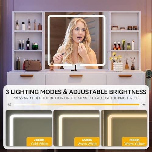 DWVO 56.3" Makeup Vanity with LED Lighted Mirror, Large Vanity Desk with RGB Glass Cabinets, Open Shelving, Built-in Power Strip & Cushioned Stool thumbnail 3