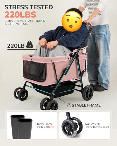 OJCME Dog Stroller for Large & Medium Dogs (20–132 lbs), Pet Stroller for 2 Small Dogs, Extra Large Heavy Duty, Foldable & Ventilated, Pink or Navy thumbnail 9