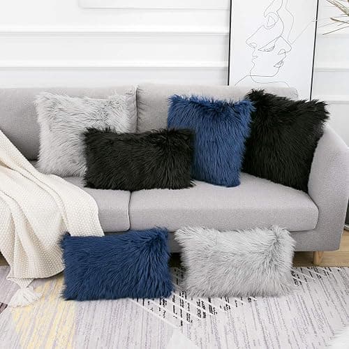 WLNUI Black Faux Fur Throw Pillow Covers 18x18 Inch Set of 2, Luxury Fluffy Shaggy Plush Cushion Cases for Couch Sofa Bed Living Room Decor, Soft Fuzzy Pillow Covers with Hidden Zipper thumbnail 6