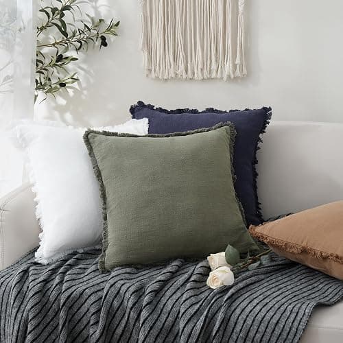 Foindtower Set of 2 Decorative Linen Fringe Throw Pillow Covers Cozy Boho Farmhouse Cushion Cover with Tassels Soft Accent Pillowcase for Couch Sofa Bed Living Room Home Decor, 22×22 Inch, Olive Green thumbnail 2