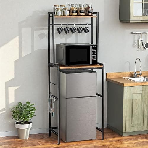 Housolution Mini Fridge Stand with Storage, 2-Tier Kitchen Microwave Stand with Storage Mini Fridge Shelf Height Adjustable Bakers Rack with 8 Hooks for Dorm, Living Room, Offices - Image 1