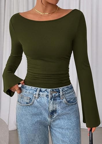 PRETTYGARDEN Women's Long Sleeve Shirts 2025 Fall Crop Going Out Tops Casual Boat Neck Bell Sleeve Ribbed Ruched Y2K Clothes thumbnail 8