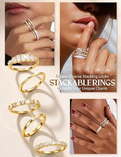 Tungary 14K Gold Plated Stackable Rings for Women Non Tarnish - Dainty Wedding Bands Gold Ring Stack Set Trendy Minimalist Cubic Zirconia Statement Engagement Promise Thumb Stacking Rings Size 5-10 thumbnail 4