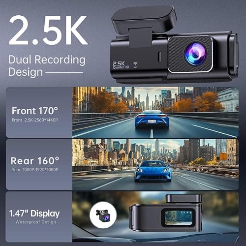 Dash Cam Front and Rear, 2.5K+1080P Dual Dash Camera for Cars, Ecomoment Car Camera with 1.47" IPS Screen, Built-in Wi-Fi, 170° Wide Angle, Night Vision, G-Sensor, 24H Parking Mode, 32GB Card Included thumbnail 3
