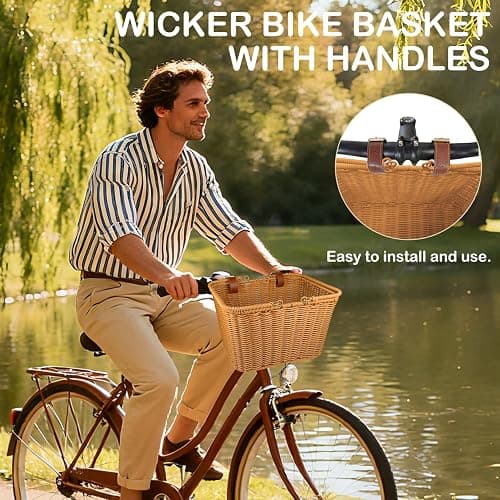 Bike Basket Front,Hand-Woven Bicycle Basket for Adult Bikes with Leather Straps, Easy Detachable,30 * 24 * 19cm thumbnail 3