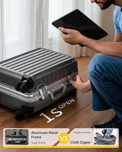 Carry On Luggage with Spinner Wheels, 8010S Aluminum Frame Zipperless Polycarbonate Hard Shell Suitcase (ZX-Core, Silver, 20 Inch) thumbnail 2