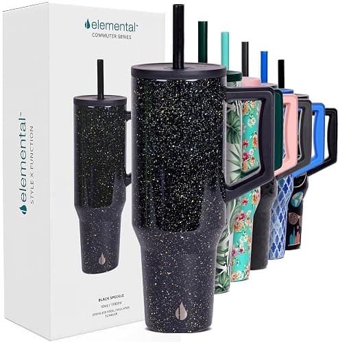 Elemental 40 oz Tumbler with Handle and Straw - Spill Proof Insulated Stainless Steel Commuter for Cold Beverages - Travel Coffee Mug with 2 Straws & Spill Proof Lid - 40oz - Black Speckle - Image 1