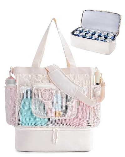 BAGSMART Beach Bag for Women, Mesh Tote Bags with Zipper, Sandproof Vacation Essentials with Cooler for Swim Cruise Pool thumbnail 7
