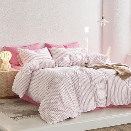 Wake In Cloud - Striped Cotton Duvet Cover Set, Ticking Stripe Vertical Pinstripe Farmhouse, 100% Washed Cotton Textured Percale Bedding Set, 3 Pieces, Pink White, Twin Size thumbnail 3