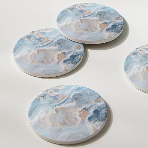 Hoomey Set of 6 Abstract Blue Marble Coasters with Holder, Absorbent Ceramic Coasters for Drinks, Coasters with Cork Backing for Table Protection, Housewarming Gifts for New Home thumbnail 6
