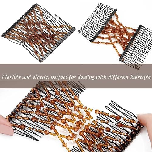 5 Pieces Magic Hair Comb Stretchy Double Comb Elastic Beaded Hair Clips for Women Girls Vintage Hairstyle Multipurpose Hair Accessories (Black, Brown, White, Pink,Blue) thumbnail 4