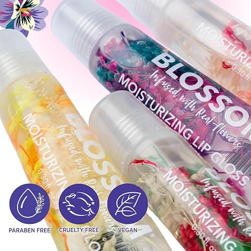 Blossom Lip Gloss Tubes, Cherry Scented Thick Clear High Shine Moisturizing Flower Lip Gel with Nourishing Jojoba Seed Oil, Infused with Real Flowers, 0.3oz, Cherry thumbnail 3