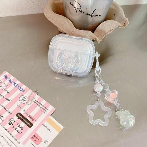 JANDM for AirPods 4 Case with Keychain,Shockproof Soft Clear Cute 3D Crysta Bowknot Design Cover with Bling Heart Beads Keychain for AirPods 4nd Generation -Bowknot thumbnail 2