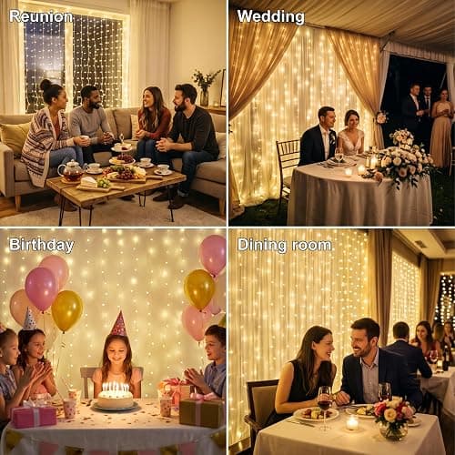 HXWEIYE 300LED Fairy Curtain Lights, 9.8x9.8Ft USB, Remote, 8 Modes & Timer | Dimmable, Christmas String Hanging Lights for Bedroom, Wedding Backdrop and Indoor Wall Decor, Warm White thumbnail 7