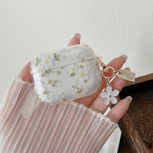 MINSCOSE Compatible with AirPods Pro 2nd/1st Generation Case Clear Case,Cute Pretty Flower Pattern Design with Floral Keychain, Soft TPU Protective Shockproof Cover for AirPods Pro/Pro 2-White Flower thumbnail 4