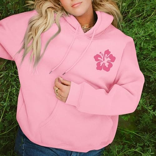 Lubpow Cute Pink Flower Hoodie for Woman Preppy Sweatshirts Trendy Puff Print Letter Graphic Hoodies Casual Pullover Tops thumbnail 2