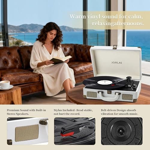 JORLAI Record Player 3 Speeds Turntable with Bluetooth Built-in Battery Stereo Speakers Vintage Record Player Belt Driven Portable Suitcase PC Recording White thumbnail 4