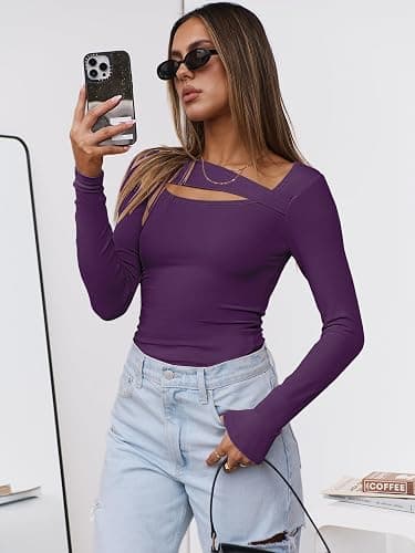 ANRABESS Womens Cutout Tops Trendy Sexy Long Sleeve Shirts Ribbed Slim Fit Tee 2025 Fall Fashion Going Out Tshirts Clothes thumbnail 6