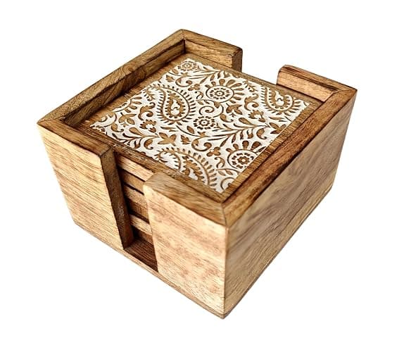 VANIYA CRAFTS® Handmade Wooden Coasters for Drinks with Holder for Coffee Table, Hot Drinks, Beverages, Housewarming Gift (Natural White Finish) (Natural White 2) - Image 1