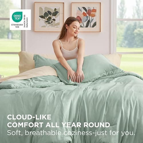 Bedsure Full Size Comforter Set - 7 Pieces Sage Green Full Bedding Set for All Seasons, Boho Contrasting Design Bed in a Bag with Comforter, Sheets, Pillowcases & Shams thumbnail 3