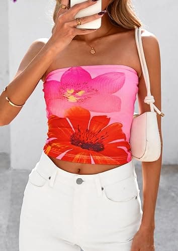 PRETTYGARDEN Tube Tops for Women 2026 Summer Spring Floral Strapless Going Out Tops Y2K Mesh Cute Beach Vacation Clothes thumbnail 8