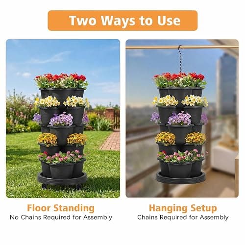 VECELO 5 Tier Vertical Garden Planter, Self Watering Stackable Planters with Wheels for Strawberries, Herbs, Flowers, Vegetables, Black thumbnail 7