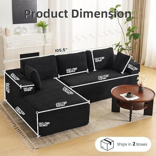 107" Boneless Couch, Sectional Couchs for Living Room & Bedroom, Cloud Couch with L-Shape Chaise Modern Modular Sofa with Deep Seat, No Assembly Required (Jet Black) thumbnail 2