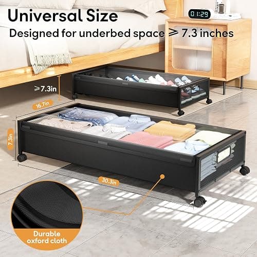 Under Bed Storage Containers with Wheels 2 Pack Underbed Shoe Storage Bedroom Storage Bins Organizer Large Capacity Under Bed Storage with Lid for Clothes Shoes Toys Blankets (Black) thumbnail 6