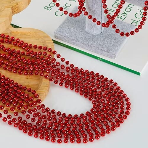 EOBOH 12PCS Bead Necklace, Red Christmas Beads Costumes Party Favors, 33" Beaded Necklace Festival Parade Throw Accessory Sets for Valentines Mardi Gras Christmas Celebrations Decorations - Red thumbnail 2