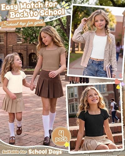 LessonZoo 4 Pack Girls Crop Tops Ribbed T Shirts | Back to School, Short Sleeve, Square Neck, Soft, Basic, Slim Fitted, Cute, Casual Tees, Teen, Youth, Ages 5-14 thumbnail 2