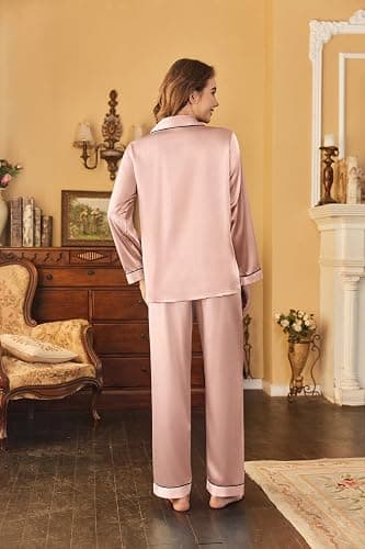 Ekouaer Women's Classic Button Down Long Satin Silk Pajama Set thumbnail 4