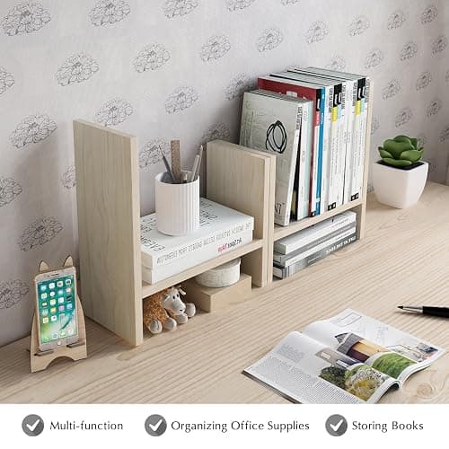 Jerry & Maggie Desktop Organizer Office Storage Rack Adjustable Wood Display Shelf Free Style Double H, Multi-Functional Mini Bookshelf for Desk Natural Stand (White Wood Tone) thumbnail 8
