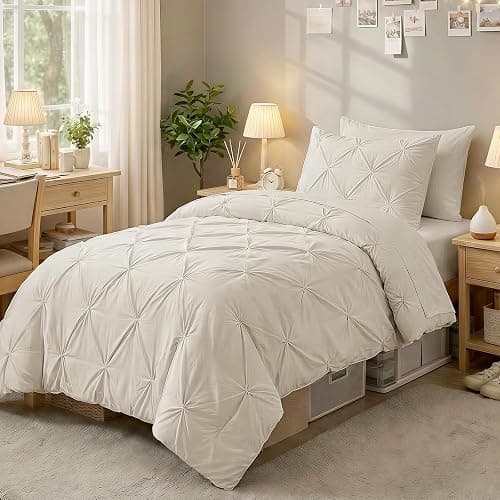 Sasttie Twin Comforter Set, 5-Piece Bed in a Bag, Pintuck Bedding Sets for All Season, Includes Comforter, Flat Sheet, Fitted Sheet, Pillowcase and Pillowsham, Beige - Image 1
