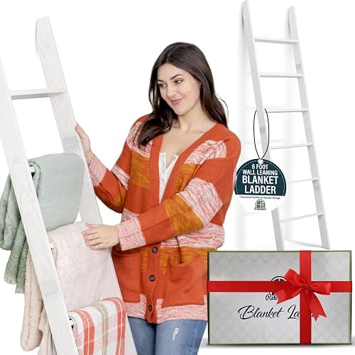 Blanket Ladder for Living Room and Bedroom, 5ft 8 inch, 6-Tier Wall Leaning Laminate Snag Free Construction (White) Rustic Decorative Farmhouse Blanket Storage, Quilt Rack, Ladder Shelf, Easy Assembly thumbnail 4