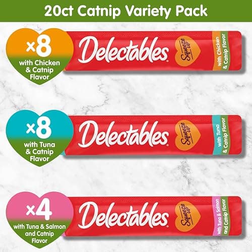 Delectables Squeeze Up Catnip Variety Pack, Creamy Squeezable Puree, Lickable Wet Cat Treats, Grain Free, No Added Fillers, No By-Products, No Added Preservatives, 0.5 Ounces Tube, 20 Tubes Total thumbnail 6