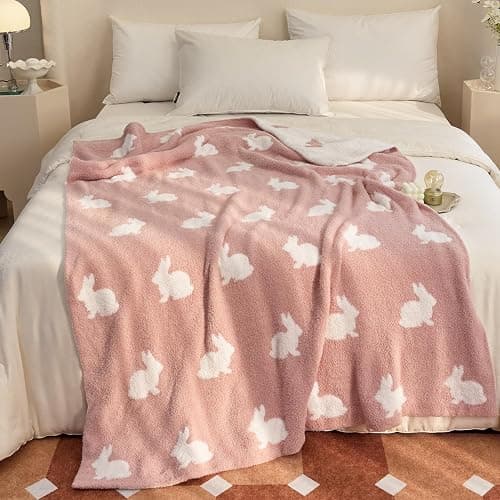 Happy Easter Rabbit Ultra-Soft Fluffy Microfiber Knitted Throw Blanket Super Cozy Lightweight Bed Blanket for Sofa Couch Bed Travel Pink 50"x60" - Rabbit Pink - Throw 51"X63" - Image 1