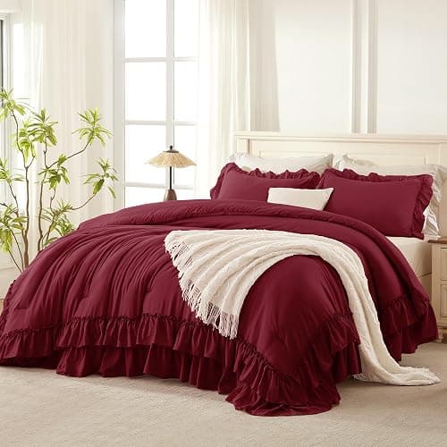 Andency Burgundy Comforter Set Queen Size, Lightweight Fluffy Farmhouse Ruffle Bedding Set, Soft Microfiber All Season Shabby Chic Bed Comforter Set 3 Pieces(1 Comforter 2 Pillowcases) - Image 1