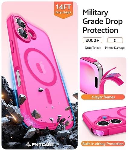 FNTCASE for iPhone 16 Plus Case: [Compatible with Magsafe] Translucent Matte Cases with [Full Camera Protection] [Screen Protector] Military Grade Shockproof Protective Phone Cover - Hot Pink thumbnail 5