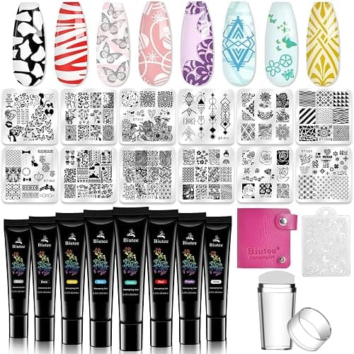 Biutee Nail Stamper Kit 12Pcs Nail Stamping Plate 8Pcs Stamping Gel Polish Nail Stamping Kit with Silicone Stamper Scraper Storage Bag Lace Plaid Stamp Template Christmas Gift for Women - Image 1