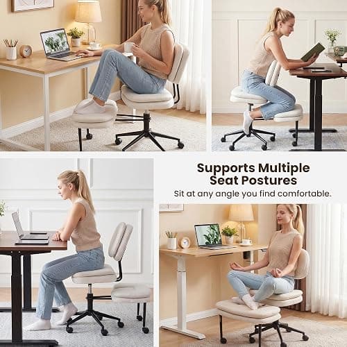 COSIEST Cross Legged Office Chair with Wheels, Ergonomic Kneeling Chair for Adults, Criss Cross Chair with Wide Seat, 360° Swivel Meditation Yoga Desk Chair, Adjustable Height, White thumbnail 5