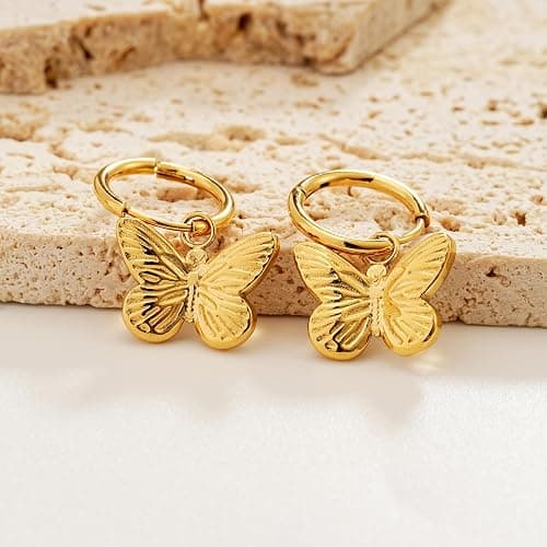 Sylph Hoop Earrings for Women, Dainty 14K Gold Plated Huggie Earrings with Charm Butterfly Drop Simple Hypoallergenic Titanium Steel Dangle Jewelry Gifts for Engagement Birthday Anniversary thumbnail 2