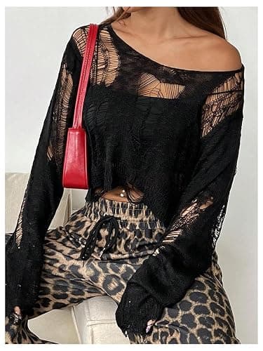 SHENHE Women's See Through Ripped Sweater Gothic Grunge Y2k Crew Neck Crop Sweater Pullover thumbnail 4