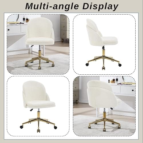 Faux Fur Desk Chair, Comfy Boucle Makeup Vanity Chair Modern Upholstered Fluffy Swivel Chair with Wheels Golden Metal Base, Height Ajdustable for Girls, Home Office Living Dressing Room Bedroom, White thumbnail 8